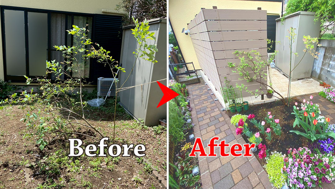 タイルデッキと小道のあるガーデニングスペース｜所沢市にて外構工事